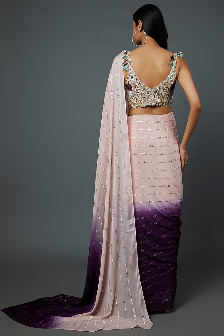 Blush Pink & Purple Sequins Georgette Wedding Saree Set by Payal Singhal at Pernia's Pop Up Shop
