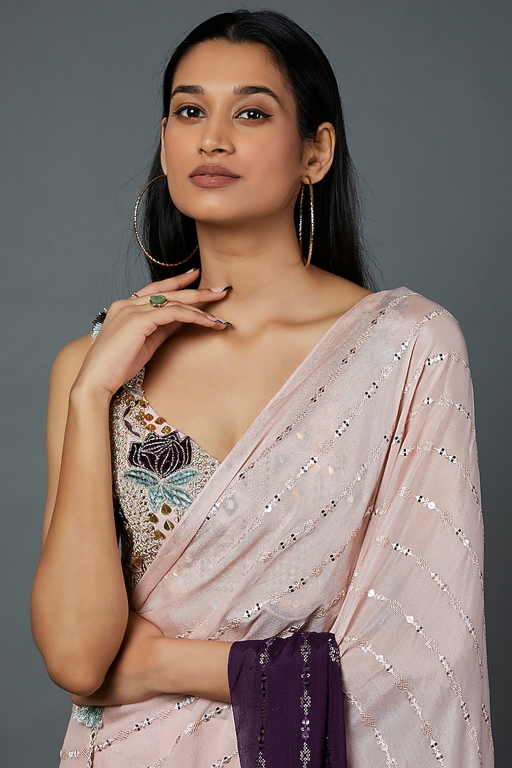 Blush Pink & Purple Sequins Georgette Wedding Saree Set by Payal Singhal at Pernia's Pop Up Shop
