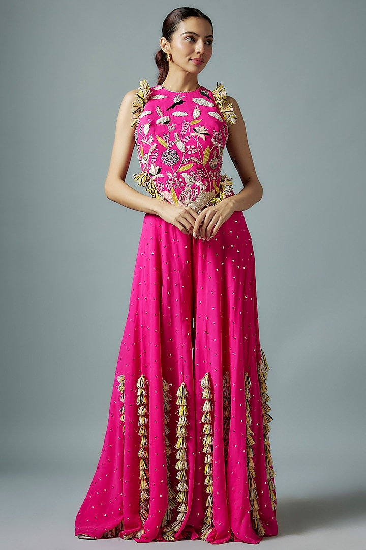 Hot Pink Mukaish Georgette Hand Embroidered Sharara Set by Payal Singhal