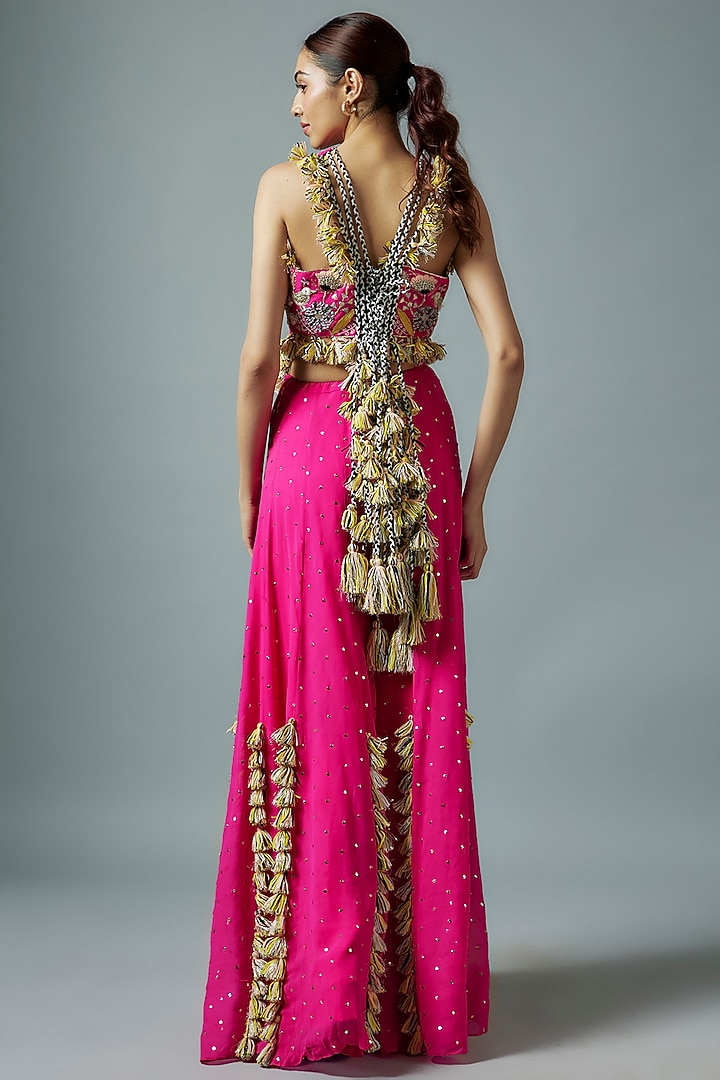 Hot Pink Mukaish Georgette Hand Embroidered Wedding Sharara Set by Payal Singhal at Pernia's Pop Up Shop
