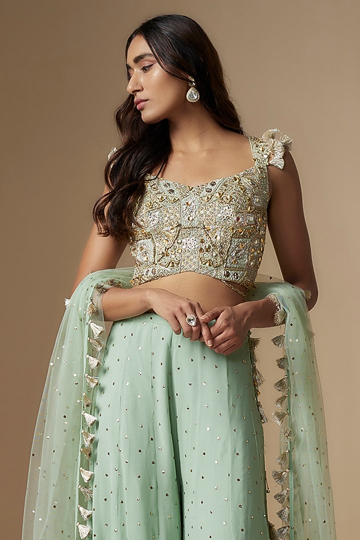 Mint Green Mukaish Georgette Wedding Sharara Set by Payal Singhal at Pernia's Pop Up Shop