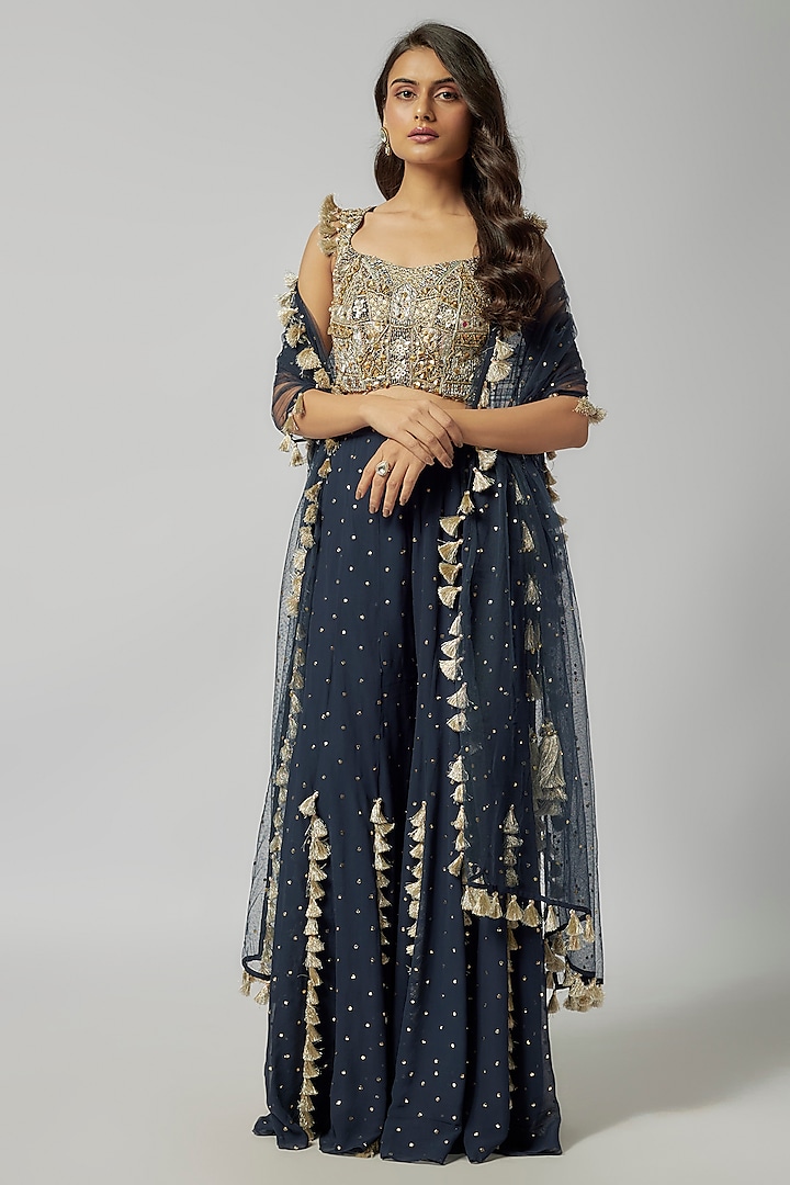Navy Mukaish Georgette Hand Embroidered Sharara Set by Payal Singhal