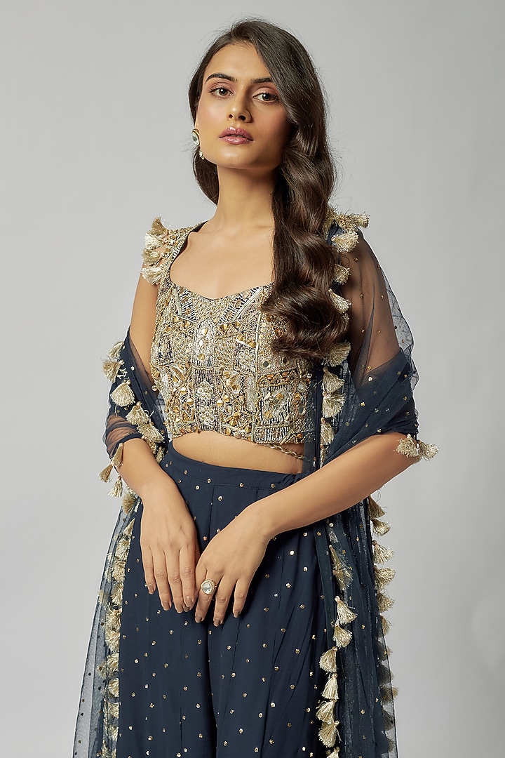 Navy Mukaish Georgette Hand Embroidered Wedding Sharara Set by Payal Singhal at Pernia's Pop Up Shop