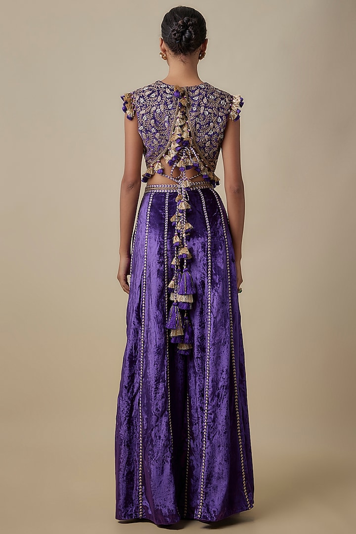 Purple Velvet Hand-Embroidered Wedding Sharara Set by Payal Singhal at Pernia's Pop Up Shop