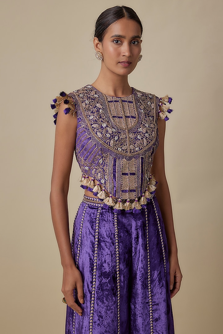 Purple Velvet Hand-Embroidered Wedding Sharara Set by Payal Singhal at Pernia's Pop Up Shop