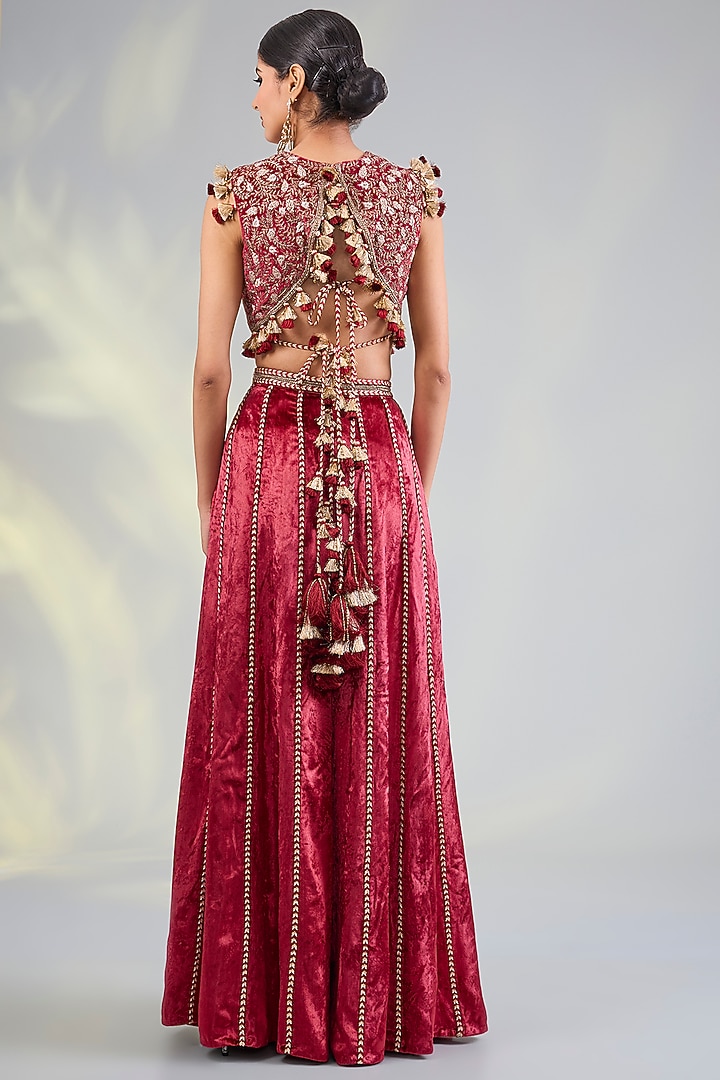Dark Red Velvet Wedding Sharara Set by Payal Singhal at Pernia's Pop Up Shop