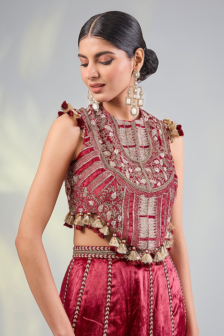 Dark Red Velvet Wedding Sharara Set by Payal Singhal at Pernia's Pop Up Shop