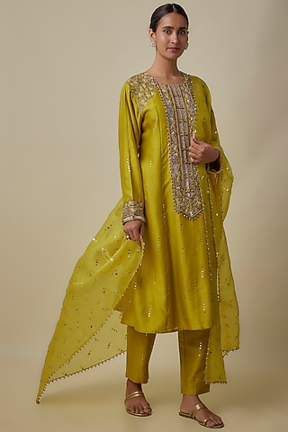 Olive Green Mukaish Silk Mul Hand Embroidered Kurta Set by Payal Singhal