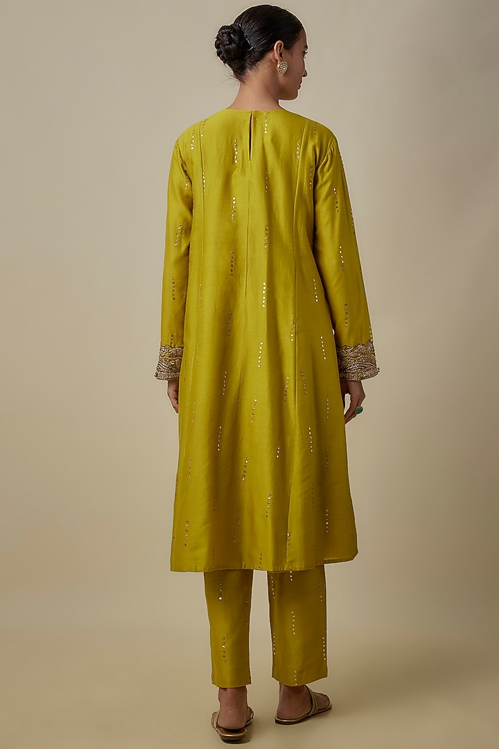 Olive Green Mukaish Silk Mul Hand Embroidered Kurta Set by Payal Singhal at Pernia's Pop Up Shop