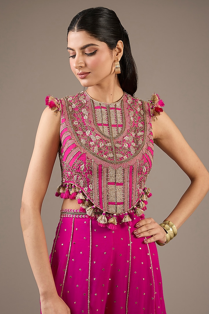 Hot Pink Mukaish Georgette Bridal Sharara Set by Payal Singhal at Pernia's Pop Up Shop