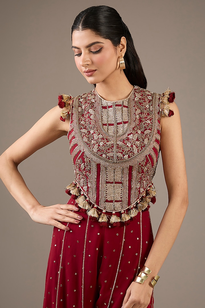 Red Mukaish Georgette Bridal Sharara Set by Payal Singhal at Pernia's Pop Up Shop