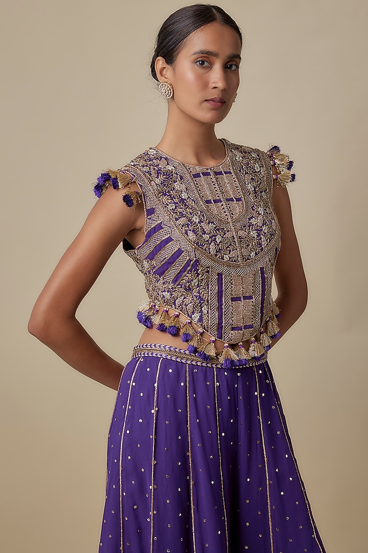 Purple Mukaish Georgette Hand-Embroidered Bridal Sharara Set by Payal Singhal at Pernia's Pop Up Shop
