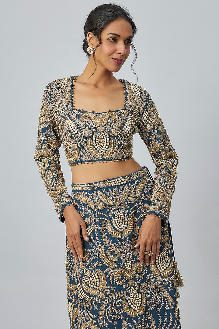 Navy Blue Georgette Hand Embroidered Skirt Set by Payal Singhal at Pernia's Pop Up Shop