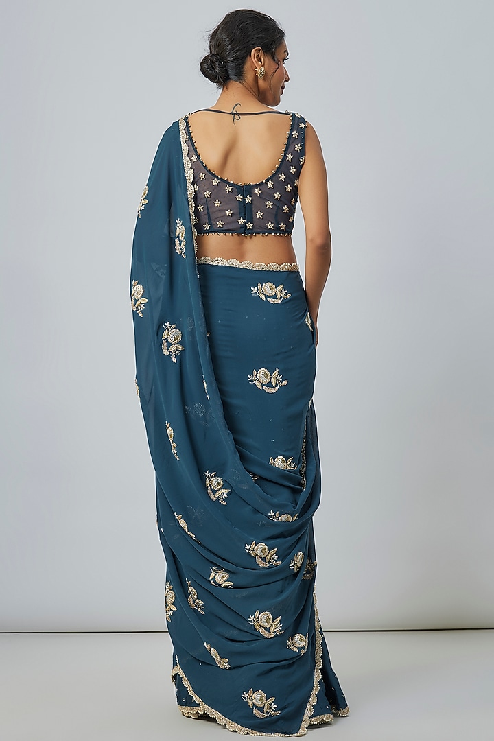 Teal Blue Georgette & Silk Mul Hand Embroidered Reception Saree Set by Payal Singhal at Pernia's Pop Up Shop