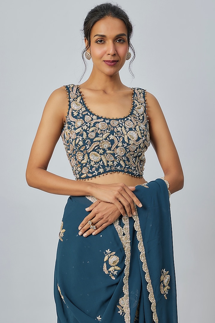 Teal Blue Georgette & Silk Mul Hand Embroidered Reception Saree Set by Payal Singhal at Pernia's Pop Up Shop