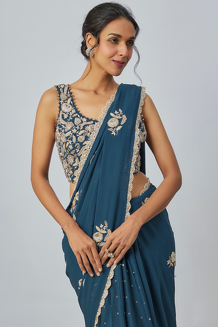 Teal Blue Georgette & Silk Mul Hand Embroidered Reception Saree Set by Payal Singhal at Pernia's Pop Up Shop