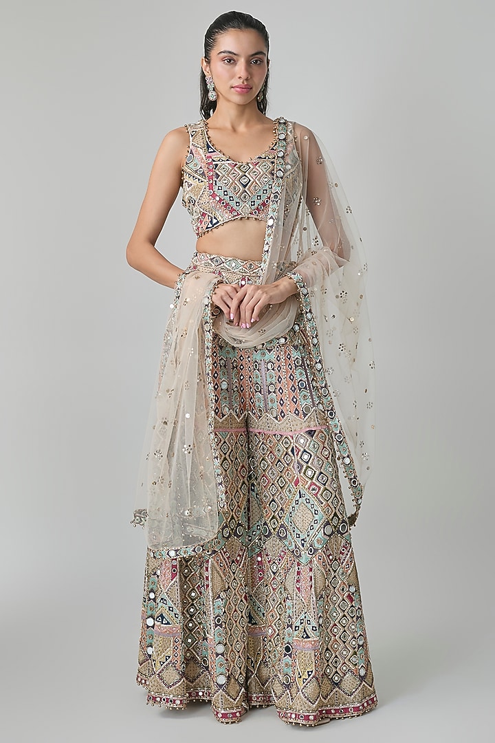 Champagne Georgette Embroidered Bridal Sharara Set by Payal Singhal at Pernia's Pop Up Shop