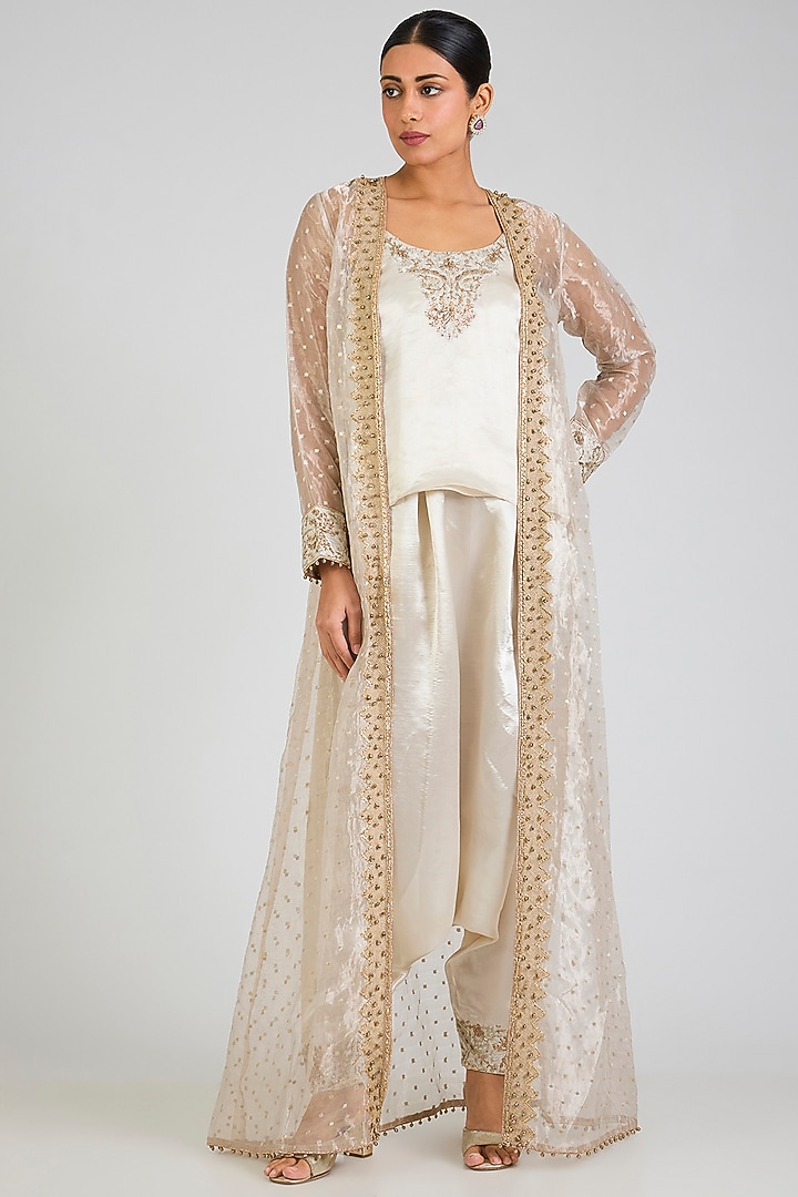 Beige Organza Embroidered Cape Set by Payal Singhal at Pernia's Pop Up Shop