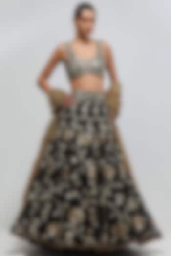 Black Organza Floral Embroidered Bridal Lehenga Set by Payal Singhal at Pernia's Pop Up Shop