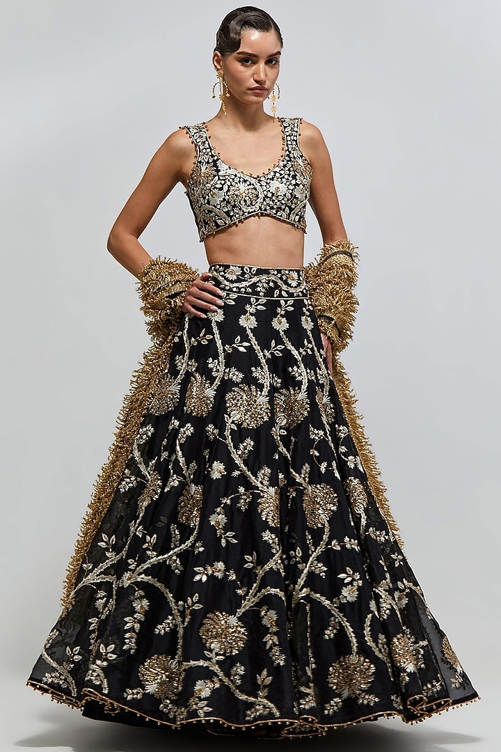 Black Organza Floral Embroidered Bridal Lehenga Set by Payal Singhal at Pernia's Pop Up Shop