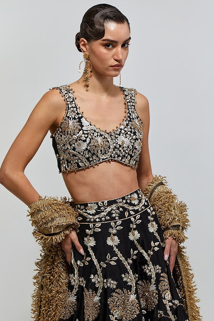 Black Organza Floral Embroidered Bridal Lehenga Set by Payal Singhal at Pernia's Pop Up Shop
