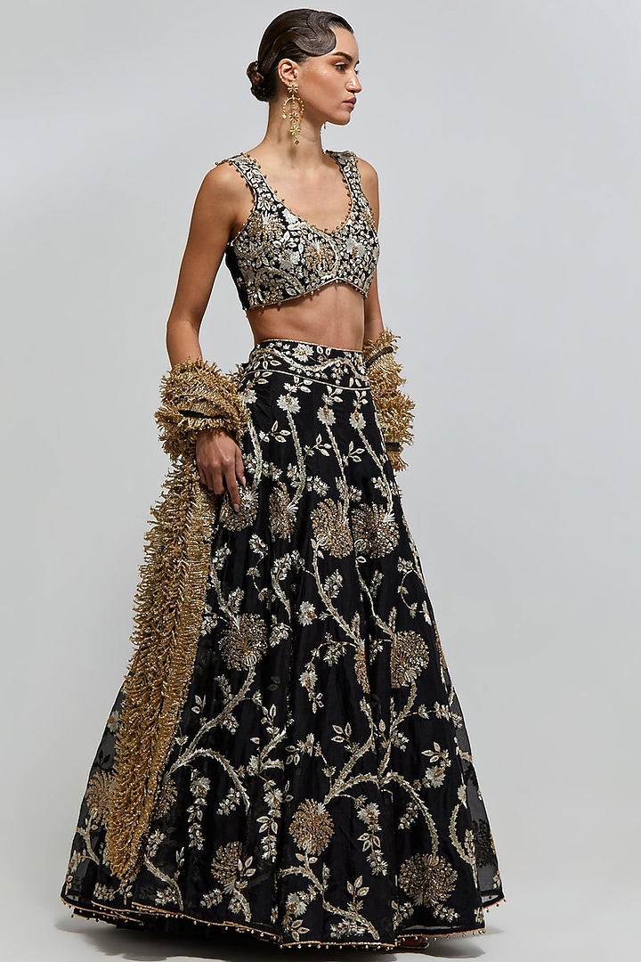 Black Organza Floral Embroidered Bridal Lehenga Set by Payal Singhal at Pernia's Pop Up Shop
