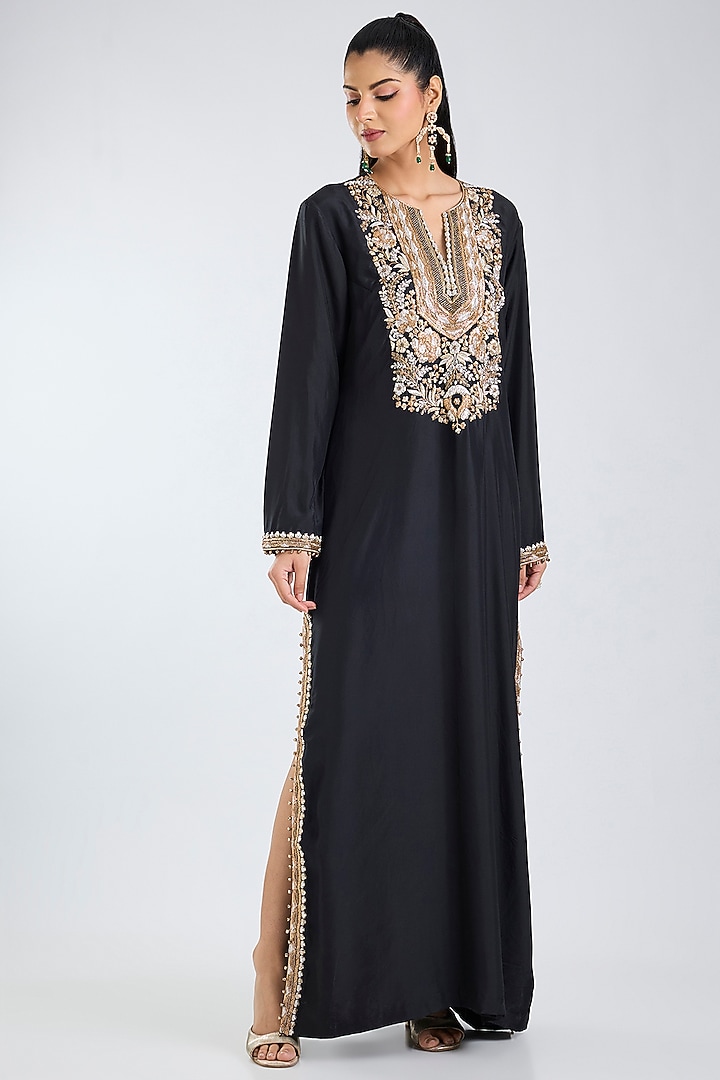 Navy Blue Habutai Silk Gold Embroidered Kaftan by Payal Singhal at Pernia's Pop Up Shop