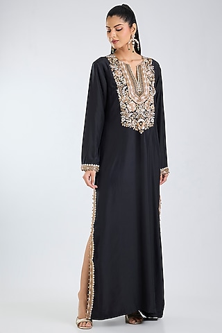 Black Habutai Silk Gold Embroidered Kaftan by Payal Singhal