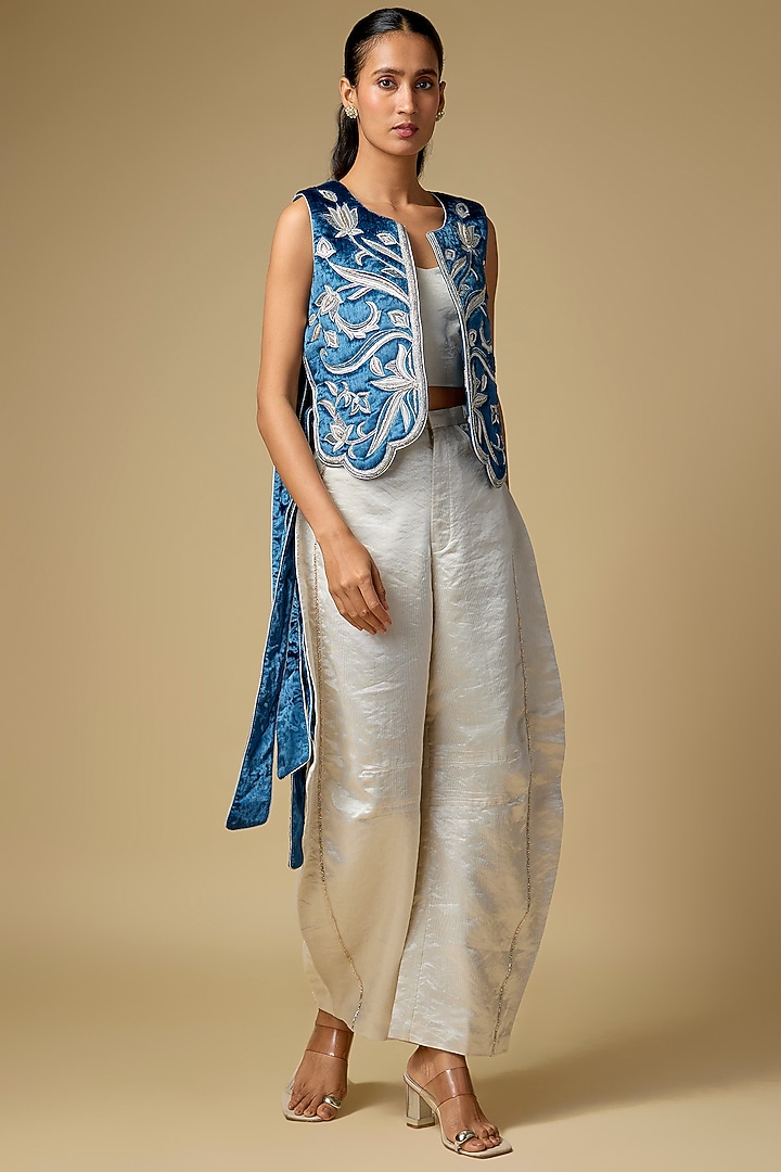 Navy Blue Velvet Embroidered Jacket Set by Payal Singhal at Pernia's Pop Up Shop