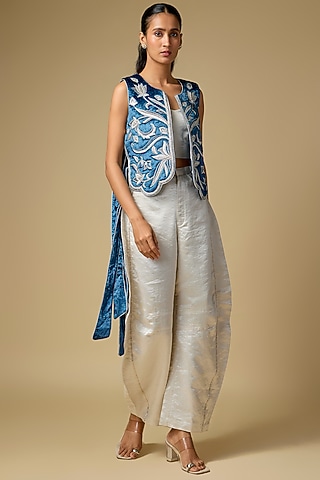 Navy Blue Velvet Embroidered Jacket Set by Payal Singhal