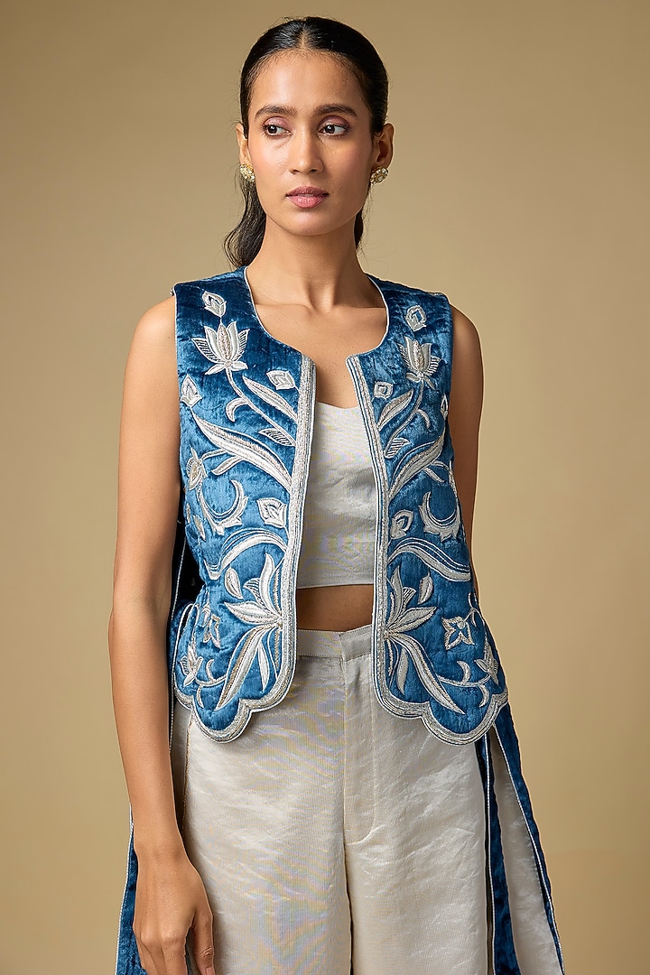 Navy Blue Velvet Embroidered Jacket Set by Payal Singhal at Pernia's Pop Up Shop