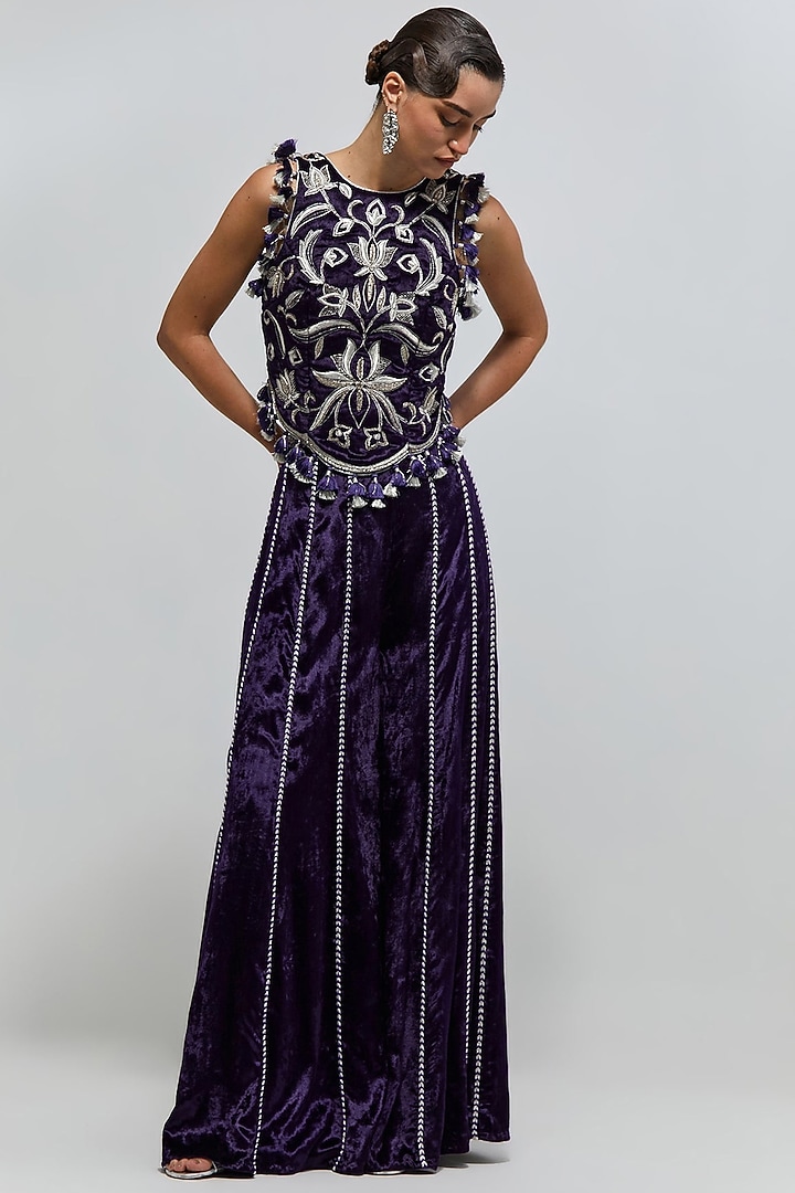 Purple Velvet Wedding Sharara Set by Payal Singhal at Pernia's Pop Up Shop