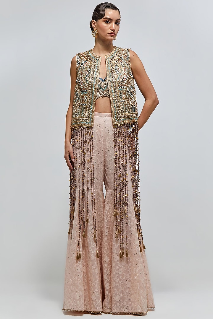 Blush Pink Georgette Mirror Embroidered Jacket Set by Payal Singhal at Pernia's Pop Up Shop
