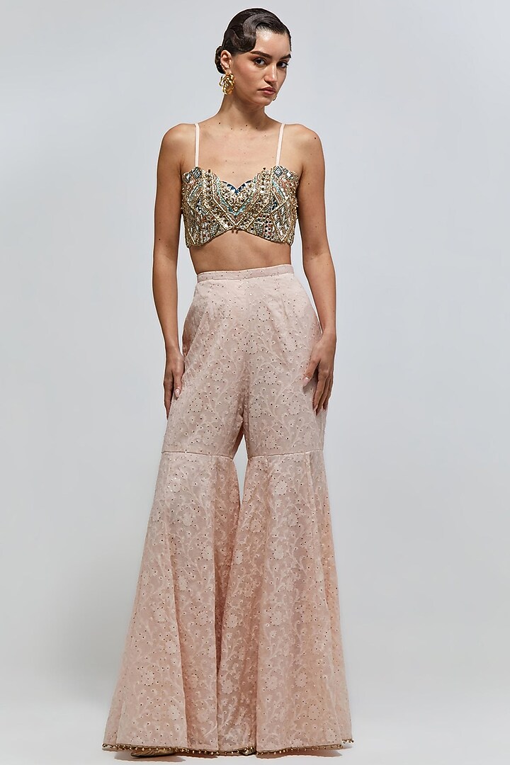 Blush Pink Georgette Mirror Embroidered Jacket Set by Payal Singhal at Pernia's Pop Up Shop