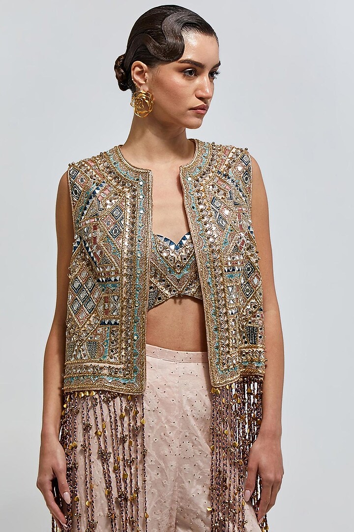 Blush Pink Georgette Mirror Embroidered Jacket Set by Payal Singhal at Pernia's Pop Up Shop