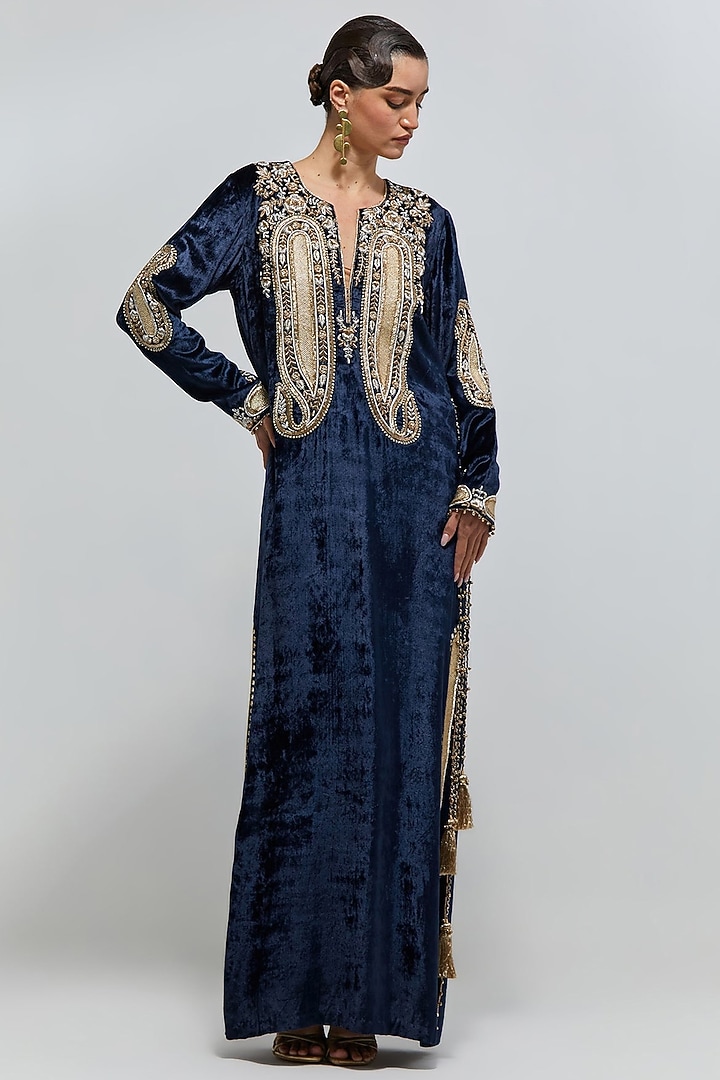 Navy Blue Velvet Embroidered Kaftan by Payal Singhal at Pernia's Pop Up Shop