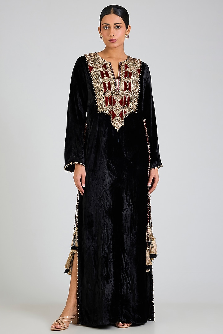 Black Velvet Embroidered Kaftan by Payal Singhal at Pernia's Pop Up Shop