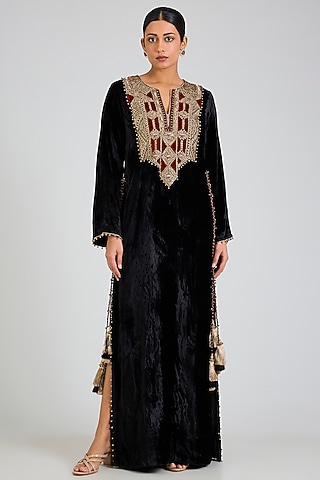 Black Velvet Embroidered Kaftan by Payal Singhal