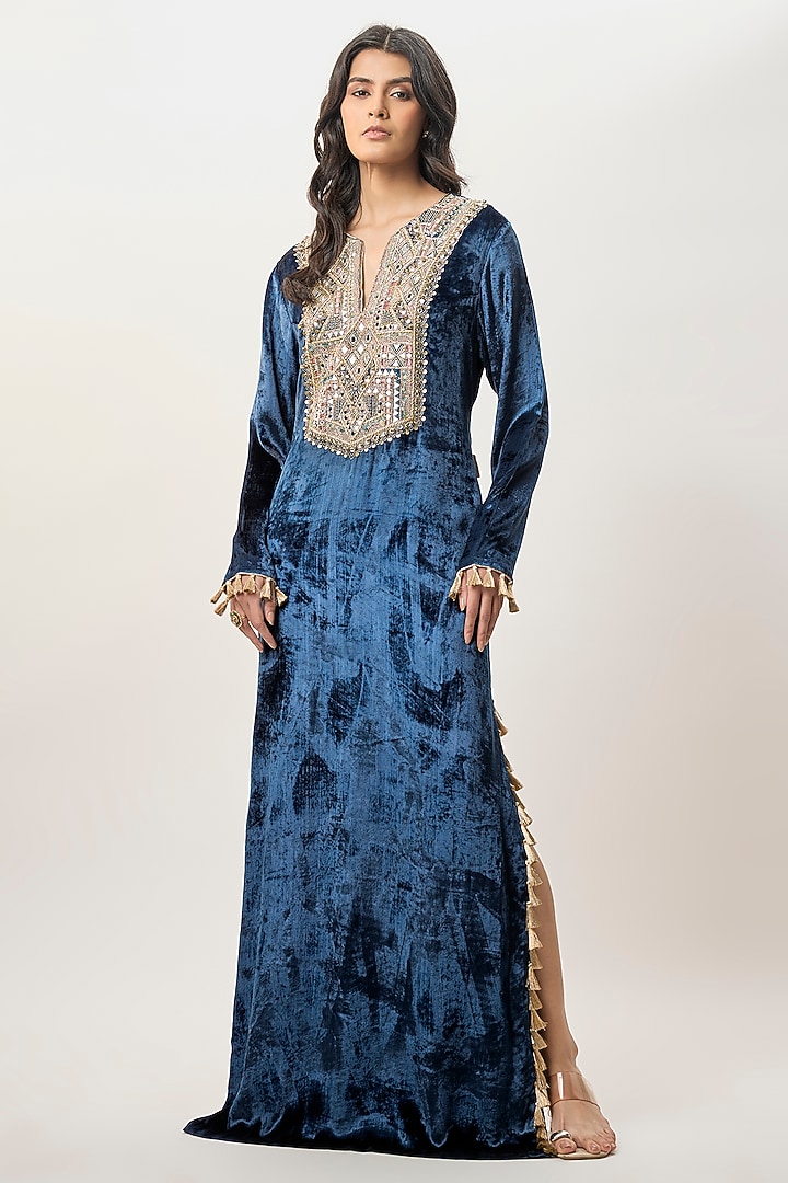Navy Blue Velvet Embroidered Kaftan by Payal Singhal at Pernia's Pop Up Shop