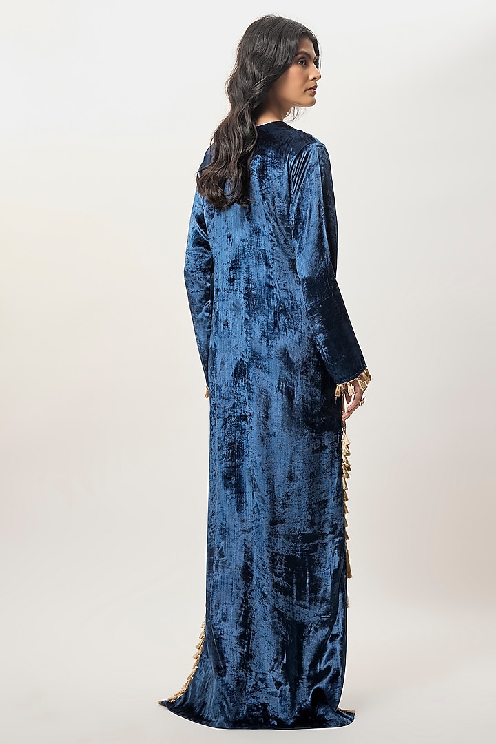 Navy Blue Velvet Embroidered Kaftan by Payal Singhal at Pernia's Pop Up Shop
