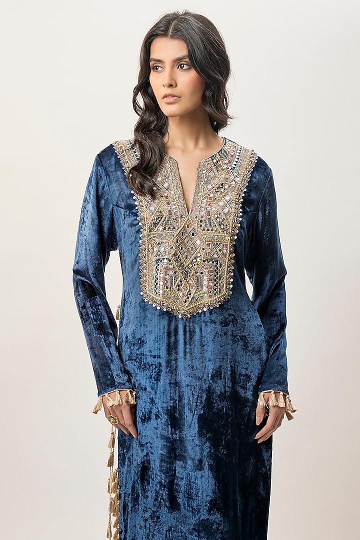 Navy Blue Velvet Embroidered Kaftan by Payal Singhal at Pernia's Pop Up Shop