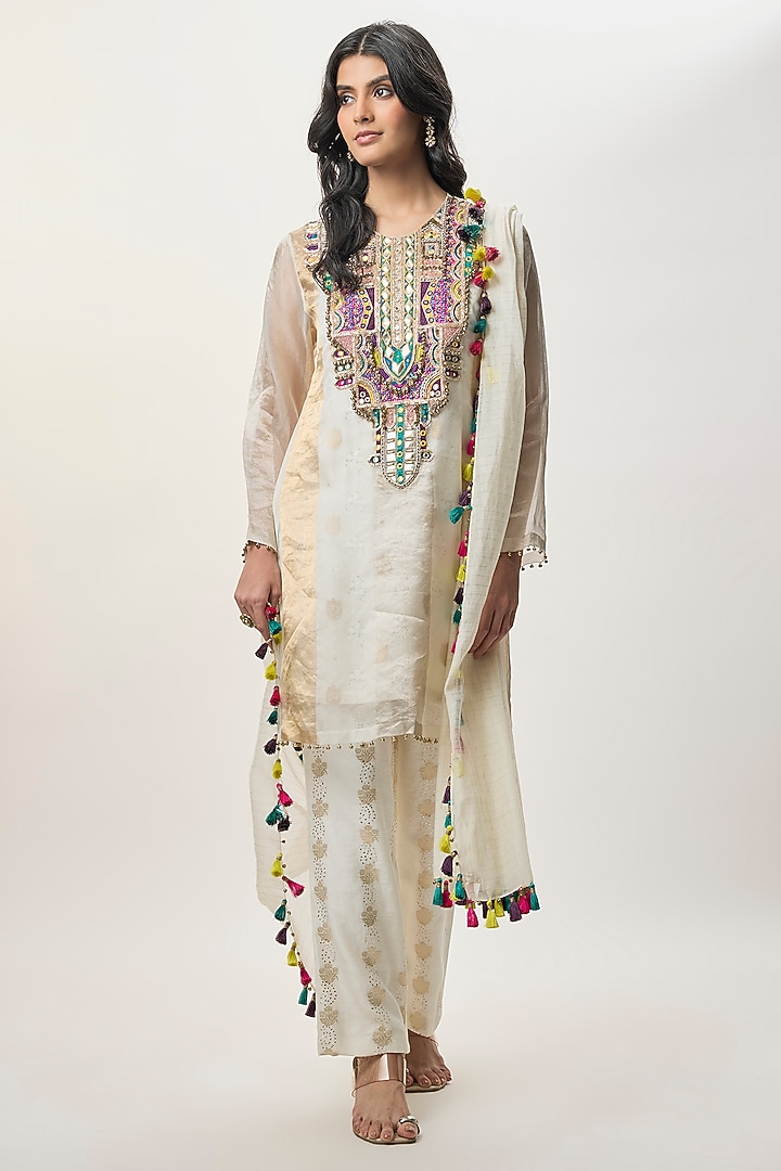 Silver Stripe Organza Embroidered Kurta Set by Payal Singhal at Pernia's Pop Up Shop