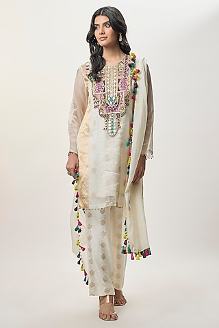 Silver Stripe Organza Embroidered Kurta Set by Payal Singhal