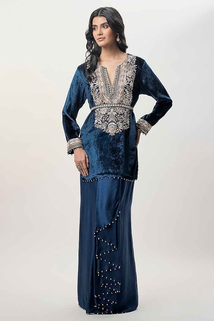 Navy Blue Modal Sain Skirt Set by Payal Singhal at Pernia's Pop Up Shop