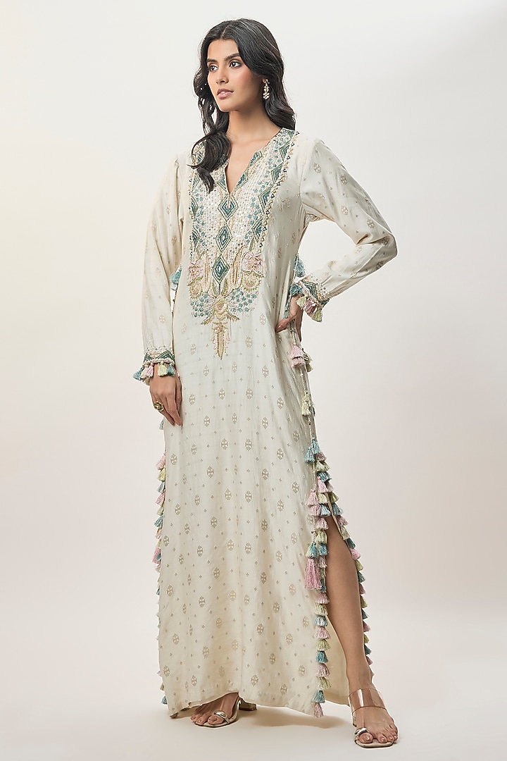 White Chiniya Silk Embroidered Kaftan by Payal Singhal at Pernia's Pop Up Shop