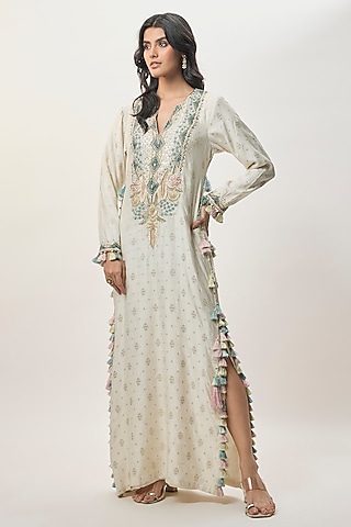 White Chiniya Silk Embroidered Kaftan by Payal Singhal