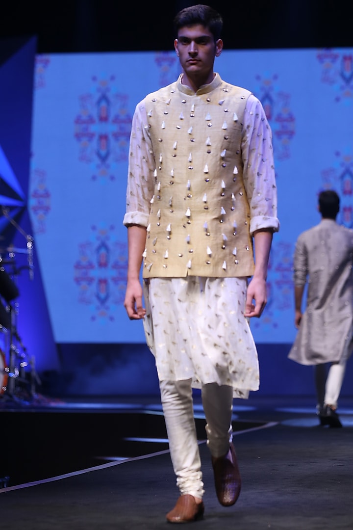 Pale Yellow & Cream Embroidered Kurta Set With Nehru Jacket by Payal Singhal Men