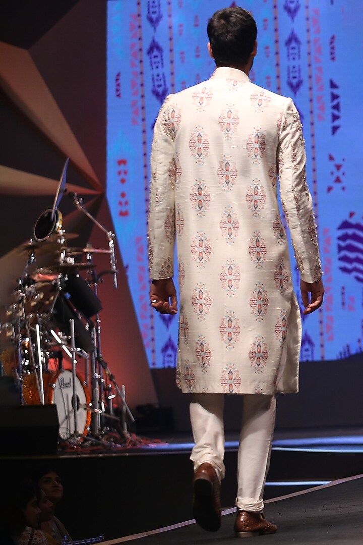 Cream & Off White Printed & Embroidered Wedding Sherwani Set by Payal Singhal Men at Pernia's Pop Up Shop