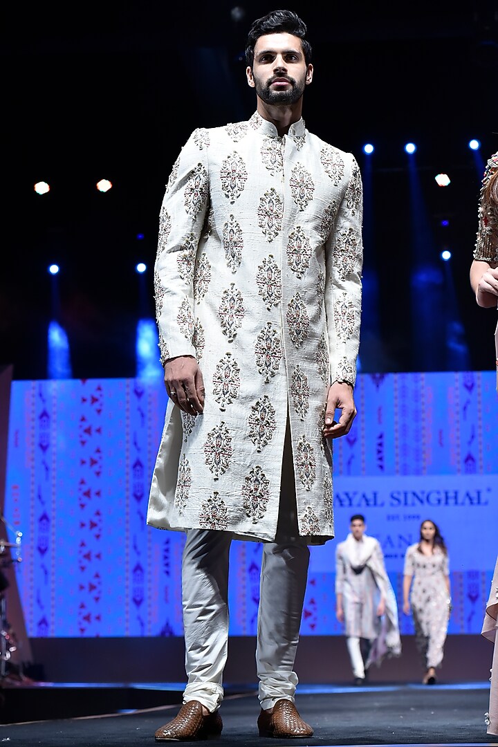 Cream & Off White Printed & Embroidered Wedding Sherwani Set by Payal Singhal Men at Pernia's Pop Up Shop