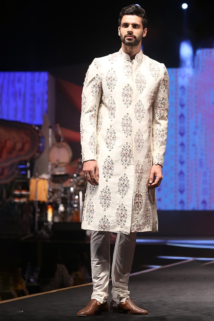 Cream & Off White Printed & Embroidered Wedding Sherwani Set by Payal Singhal Men at Pernia's Pop Up Shop